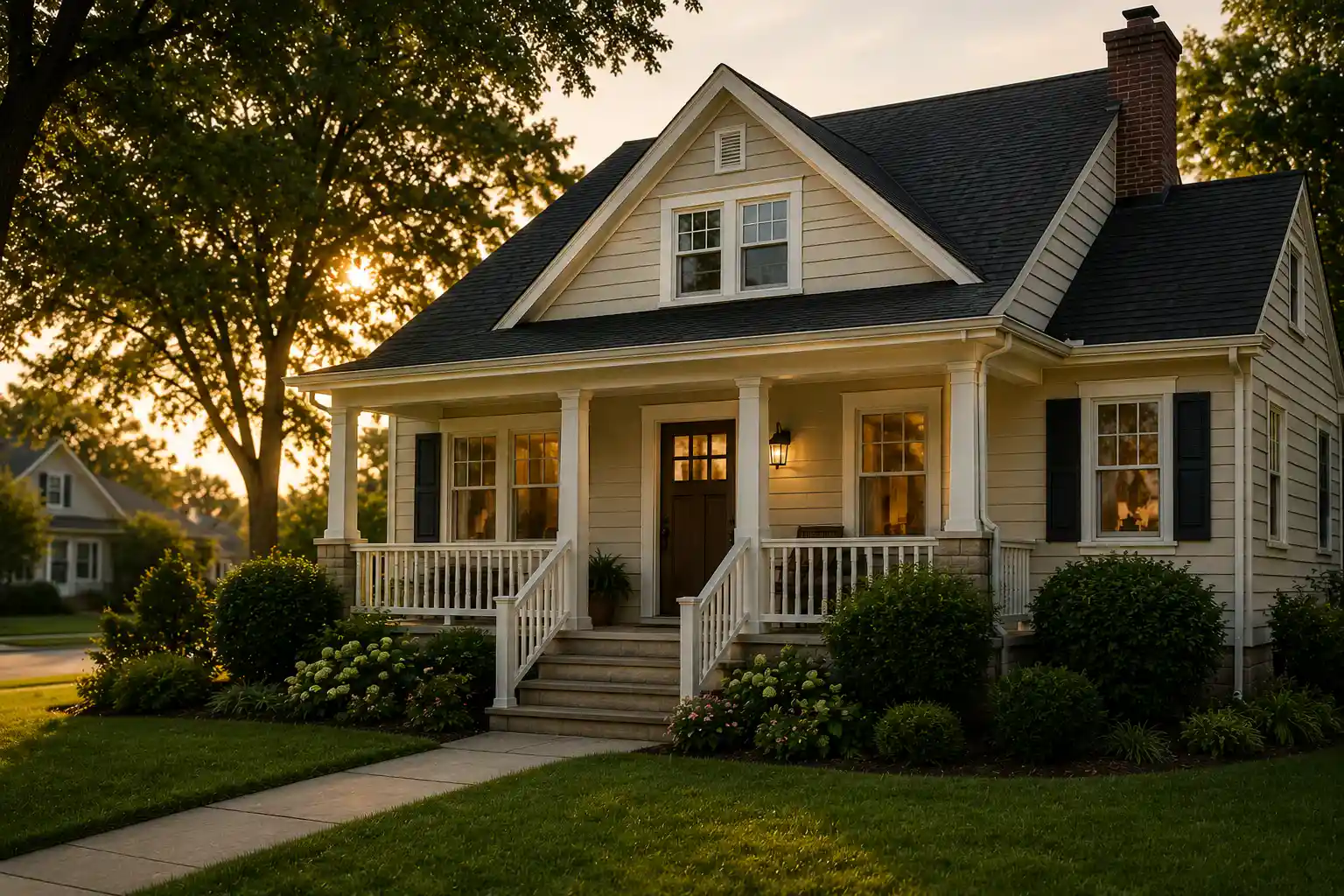 A warm inherited family home at sunset